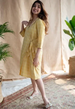 Erza Yellow Dabu Slub Cotton Straight Dress