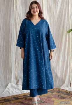 Eshika Indigo Ajrakh Cotton Jhabba Kali Kurta with Hand Embroidery