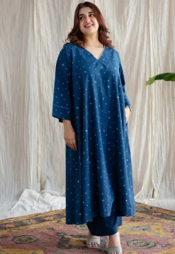 Eshika Indigo Ajrakh Cotton Jhabba Kali Kurta with Hand Embroidery