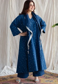 Eshika Indigo Ajrakh Cotton Jhabba Kali Kurta with Hand Embroidery