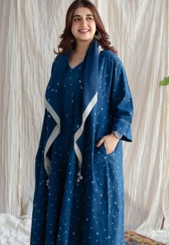 Eshika Indigo Ajrakh Cotton Jhabba Kali Kurta with Hand Embroidery