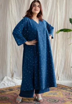 Eshika Indigo Ajrakh Cotton Jhabba Kali Kurta with Hand Embroidery