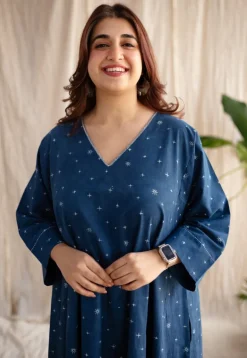 Eshika Indigo Ajrakh Cotton Jhabba Kali Kurta with Hand Embroidery