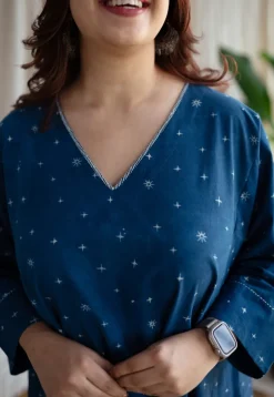 Eshika Indigo Ajrakh Cotton Jhabba Kali Kurta with Hand Embroidery