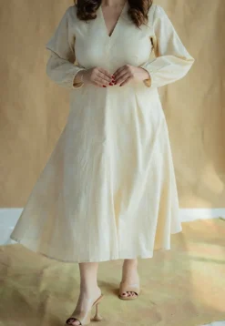 Eyza Cream Hand Block Print Slub Cotton A Line Dress with Hand Embroidery