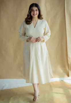 Eyza Cream Hand Block Print Slub Cotton A Line Dress with Hand Embroidery