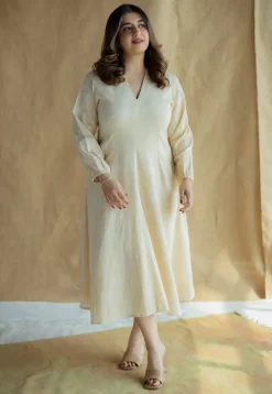 Eyza Cream Hand Block Print Slub Cotton A Line Dress with Hand Embroidery