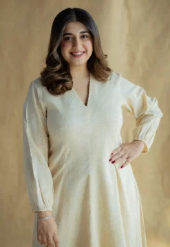 Eyza Cream Hand Block Print Slub Cotton A Line Dress with Hand Embroidery
