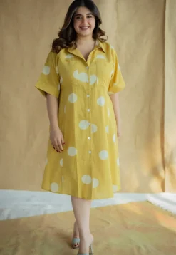 Falak Mustard Hand Block Print Slub Cotton A Line Dress