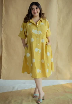Falak Mustard Hand Block Print Slub Cotton A Line Dress