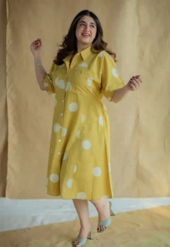 Falak Mustard Hand Block Print Slub Cotton A Line Dress