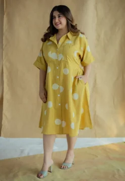 Falak Mustard Hand Block Print Slub Cotton A Line Dress