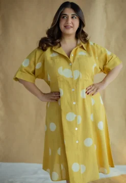 Falak Mustard Hand Block Print Slub Cotton A Line Dress