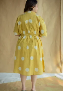 Falak Mustard Hand Block Print Slub Cotton A Line Dress