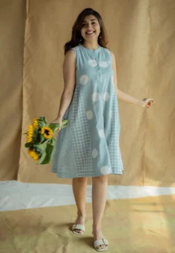 Fariyah Sky Blue Hand Block Print Slub Cotton A Line Dress