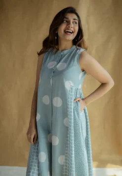 Fariyah Sky Blue Hand Block Print Slub Cotton A Line Dress
