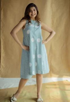Fariyah Sky Blue Hand Block Print Slub Cotton A Line Dress