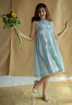 Fariyah Sky Blue Hand Block Print Slub Cotton A Line Dress