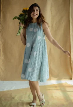 Fariyah Sky Blue Hand Block Print Slub Cotton A Line Dress