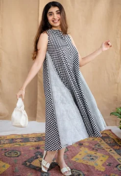 Feriha Black Hand Block Print Cotton A Line Dress
