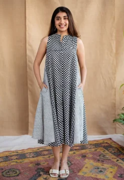 Feriha Black Hand Block Print Cotton A Line Dress