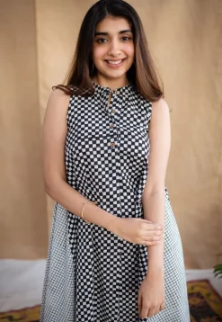 Feriha Black Hand Block Print Cotton A Line Dress