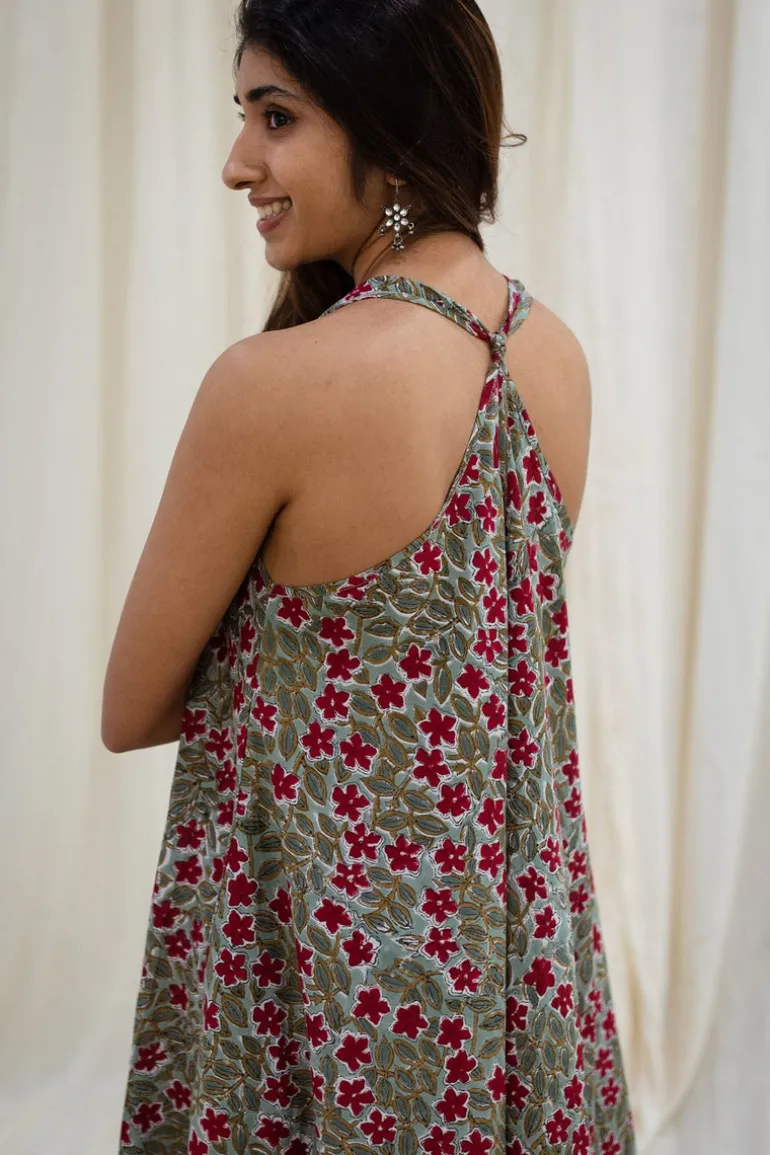 Floral Tribute Sanganeri Flared Cotton Maxi Dress