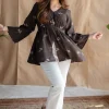 Haiza Charcoal A Line Dabu Slub Cotton Short Top
