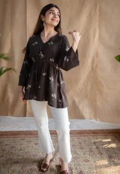 Haiza Charcoal A Line Dabu Slub Cotton Short Top