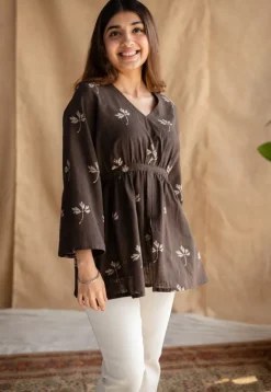 Haiza Charcoal A Line Dabu Slub Cotton Short Top