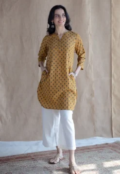 Hania Mustard Ajrakh Cotton Straight Short Top