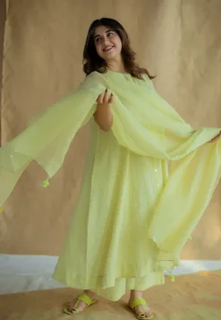 Heena Lime Green Hand Block Print Slub Cotton A Line Kurta