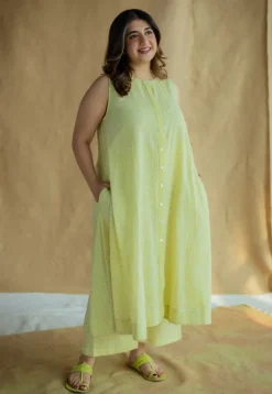 Heena Lime Green Hand Block Print Slub Cotton A Line Kurta