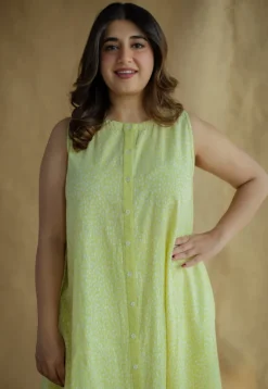 Heena Lime Green Hand Block Print Slub Cotton A Line Kurta