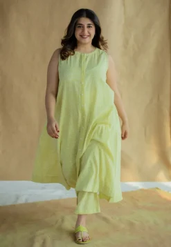 Heena Lime Green Hand Block Print Slub Cotton A Line Kurta