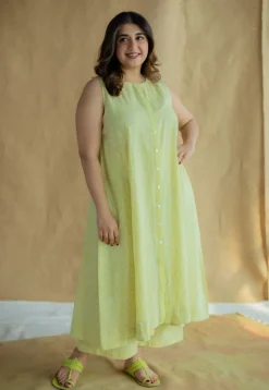 Heena Lime Green Hand Block Print Slub Cotton A Line Kurta