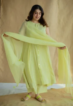 Heena Lime Green Hand Block Print Slub Cotton A Line Kurta