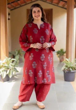 Hitanshi Madder Ajrakh Chanderi Silk A Line Kurta with Hand Embroidery