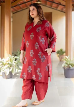 Hitanshi Madder Ajrakh Chanderi Silk A Line Kurta with Hand Embroidery