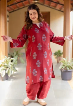 Hitanshi Madder Ajrakh Chanderi Silk A Line Kurta with Hand Embroidery