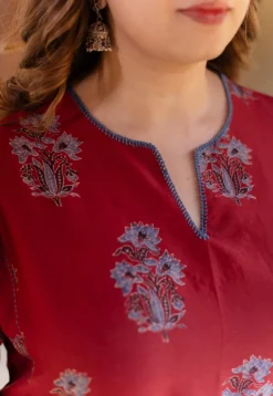 Hitanshi Madder Ajrakh Chanderi Silk A Line Kurta with Hand Embroidery