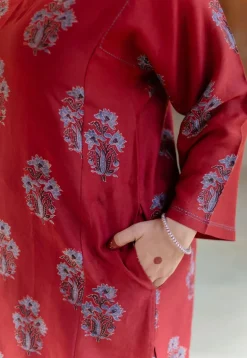 Hitanshi Madder Ajrakh Chanderi Silk A Line Kurta with Hand Embroidery