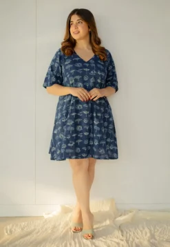 Humaira Indigo Dabu Slub Cotton A Line Dress