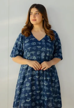 Humaira Indigo Dabu Slub Cotton A Line Dress