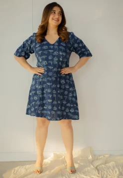 Humaira Indigo Dabu Slub Cotton A Line Dress