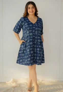 Humaira Indigo Dabu Slub Cotton A Line Dress