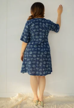 Humaira Indigo Dabu Slub Cotton A Line Dress