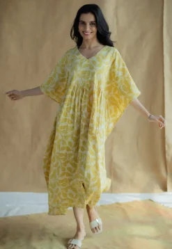 Ifrah Mustard Hand Block Print Slub Cotton Anti-Fit Kaftan