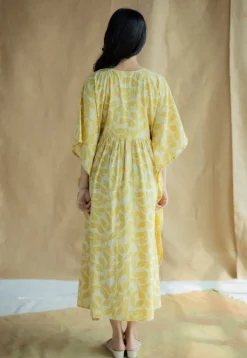 Ifrah Mustard Hand Block Print Slub Cotton Anti-Fit Kaftan