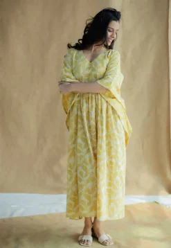 Ifrah Mustard Hand Block Print Slub Cotton Anti-Fit Kaftan
